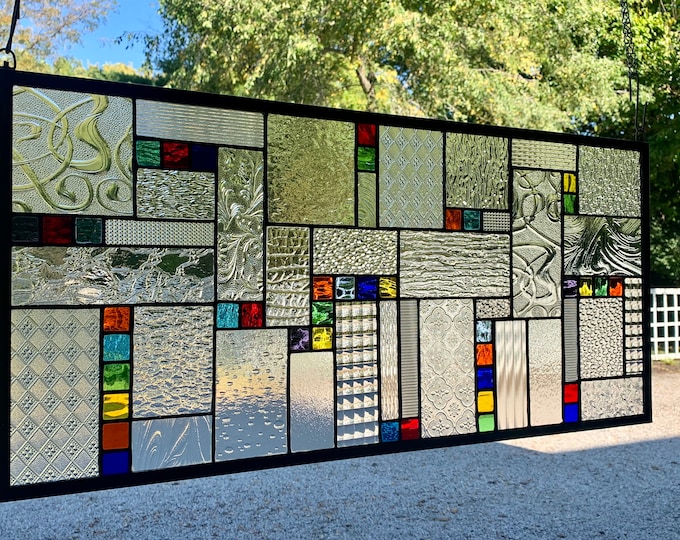 HoneyDewGlass Geometric Clear Textured Stained Glass Panel with Jewel Tone Accents