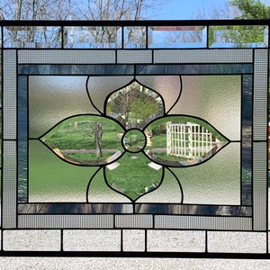 HoneyDewGlass Smokey Blue Wispy Stained Glass Window with Flower Cluster and Satin Glass, 19.75" X 26.75",