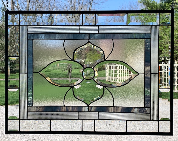 Colonial Blue Floral Stained Glass Panel with Bevels, Clear Satin & Cross Reed Glass, 19.75” x 26.75” | Honey Dew Glass