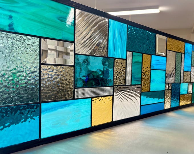 Turquoise, Teal and Gold Stained Glass Window Panel with Clear Textured Glass and Bevels – Honey Dew Glass 11.75” x 35.75”