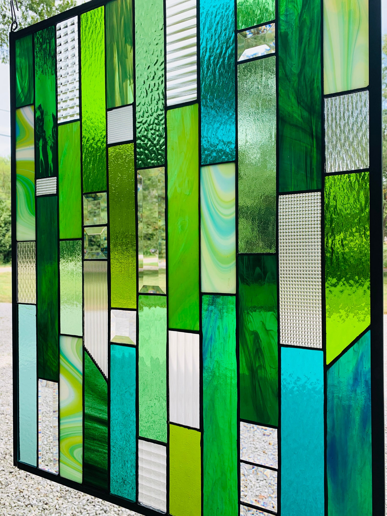 Honeydewglass Large Green Geometric Stained Glass Panel - Etsy