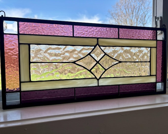 Dusty Rose Beveled Glass Panel | 9.5" x 21.5" | Handmade Stained Glass Window | Honey Dew Glass | Tiffany Copper Foil