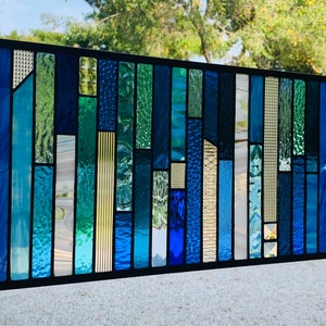 HoneyDewGlass Blue Strips Stained Glass Panel 10.5 X 23 image 6