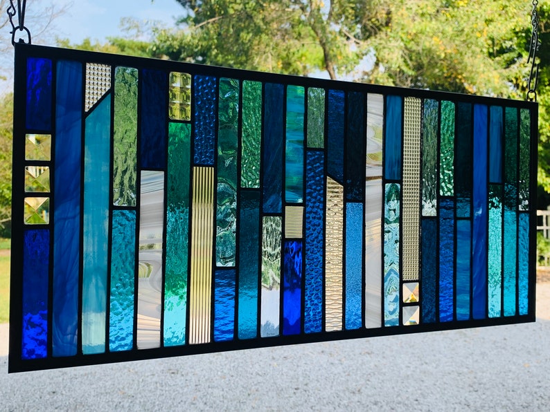 HoneyDewGlass Blue Strips Stained Glass Panel 10.5 X 23 image 6