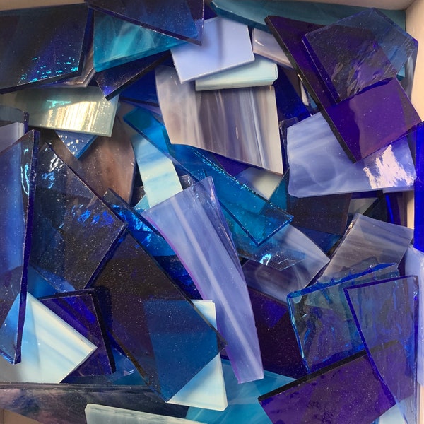 HoneyDewGlass 1.5 lb BLUE Stained Glass Scraps, Art Glass, Mosaic Glass