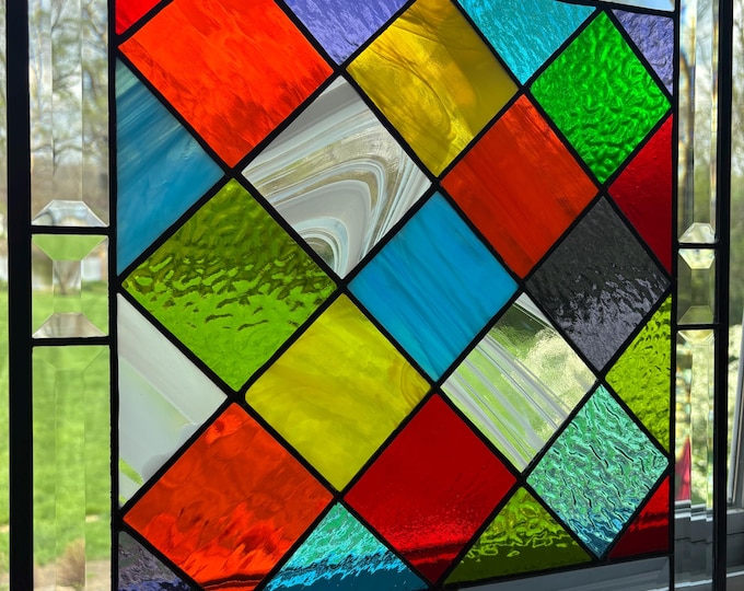 Colorful Geometric Stained Glass Panel with Bevel Border | 16.375" x 16.5" | Honey Dew Glass