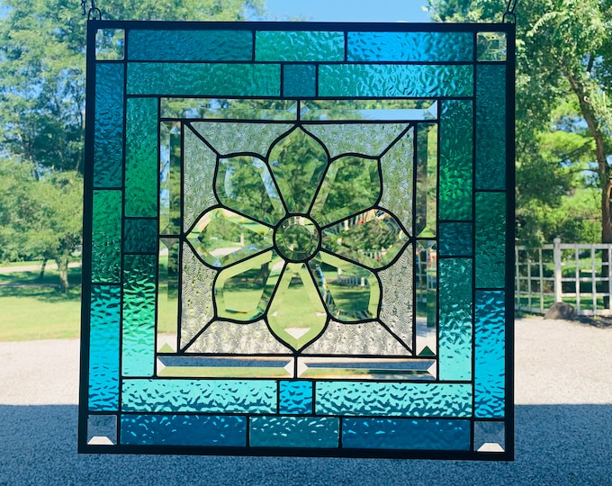 HoneyDewGlass Teal and Turquoise Stained Glass Panel with Flower Bevel Cluster, 18.75"W X 18.75"H,