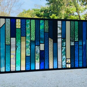 HoneyDewGlass Blue Strips Stained Glass Panel 10.5 X 23 image 2