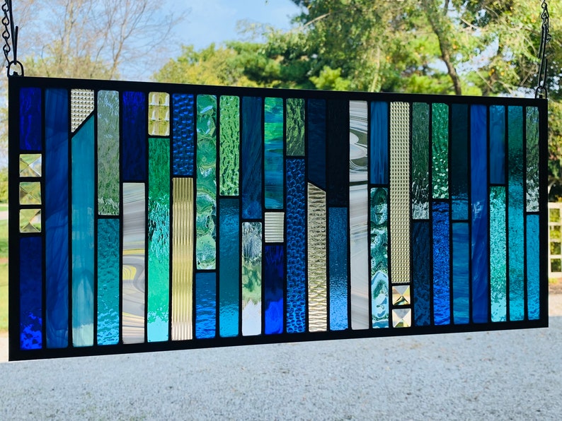 HoneyDewGlass Blue Strips Stained Glass Panel 10.5 X 23 image 2