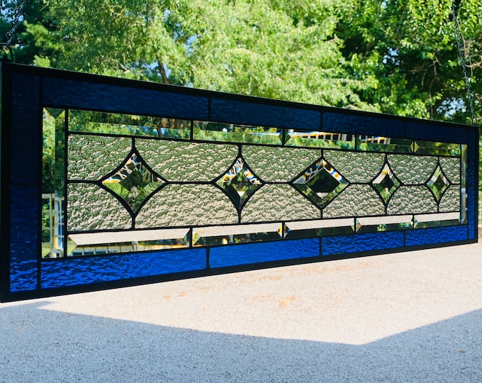 HoneyDewGlass Royal Blue and Granite Stained Glass Panel, 9.5" X 35.5”,