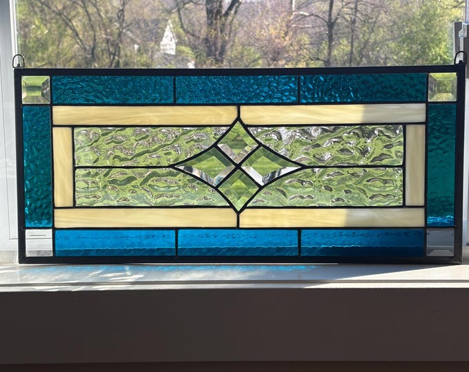 Bristol Blue Beveled Glass Panel | 9.5" x 21.5" | Handmade Stained Glass Window | Honey Dew Glass | Tiffany Copper Foil