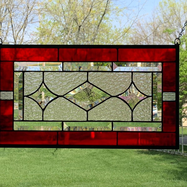 HoneyDewGlass Diamond Stained Glass Panel with Ruby Red Border, 10.5" X 18.5"