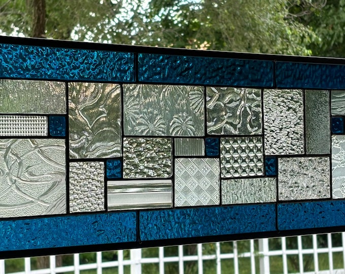 HoneyDewGlass Dark Aqua Geometric Stained Glass Panel, 9.5" X 27.5"