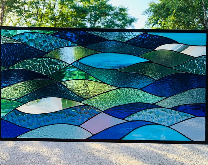 HoneyDewGlass Large Stained Glass Ocean Waves, 18" X 33"