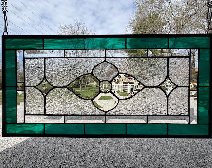 Teal Green Beveled Glass Panel | 12.5" x 25.5" | Wispy Teal Green & Clear Granite | Handmade by Honey Dew Glass | Tiffany Copper Foil