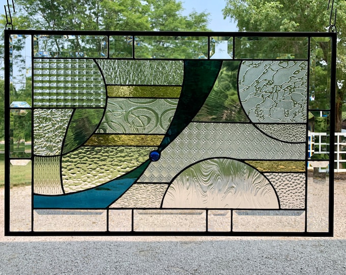 Smokey Blue and Amber Ribbon Stained Glass Panel, 16.5" X 26.5"