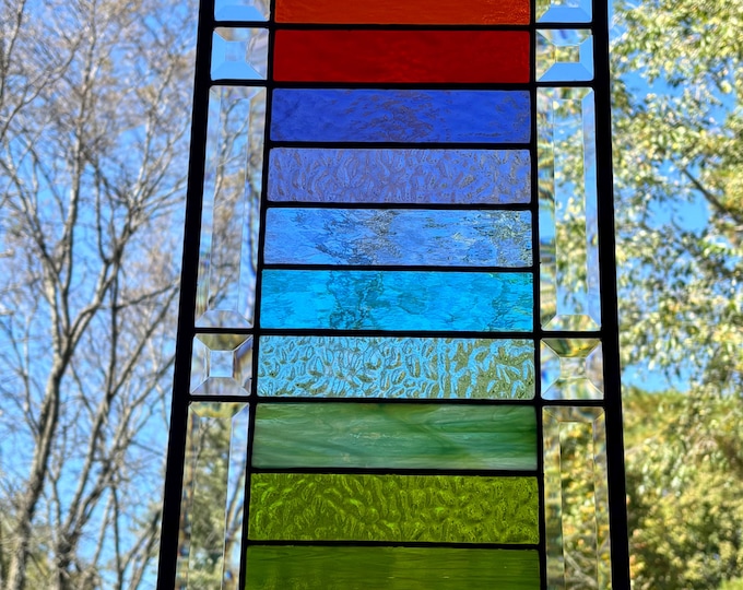 Flower Garden Inspired Color Block Stained Glass Window Panel with Clear Bevels – Honey Dew Glass 9.5” x 27.5”