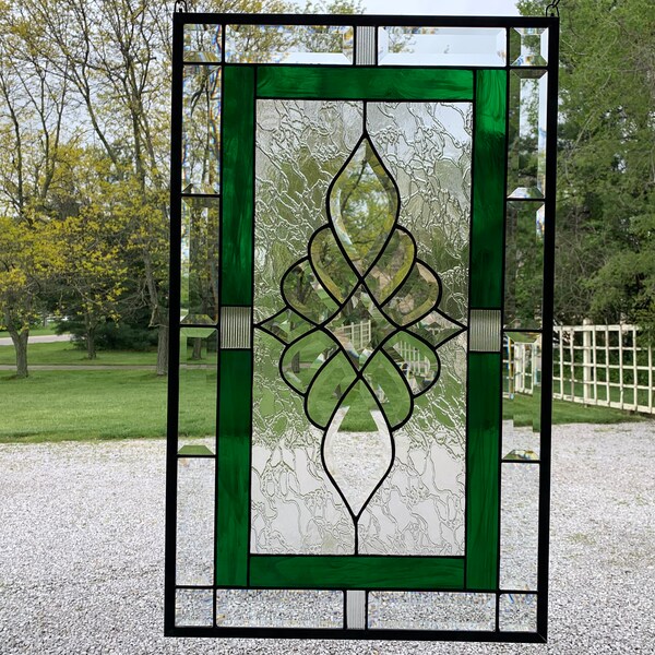 HoneyDewGlass Emerald Green Stained Glass Panel with Bevel Cluster, 17.75"W X 28.75"H,