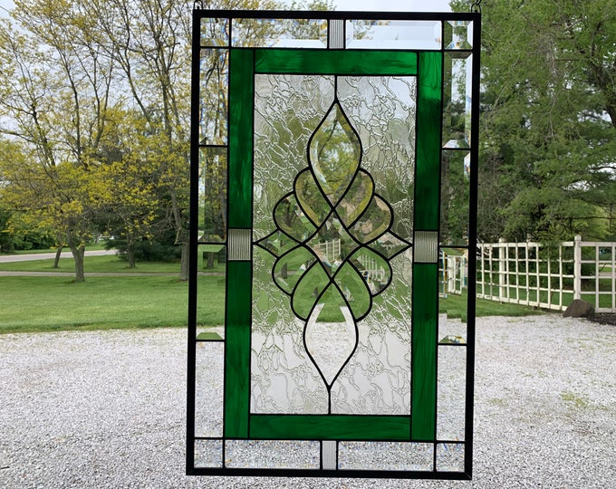 HoneyDewGlass Emerald Green Stained Glass Panel with Bevel Cluster, 17.75"W X 28.75"H,