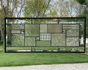 Clear Textured & Beveled Geometric Stained Glass Panel | Honey Dew Glass | 9.5" x 21.5"