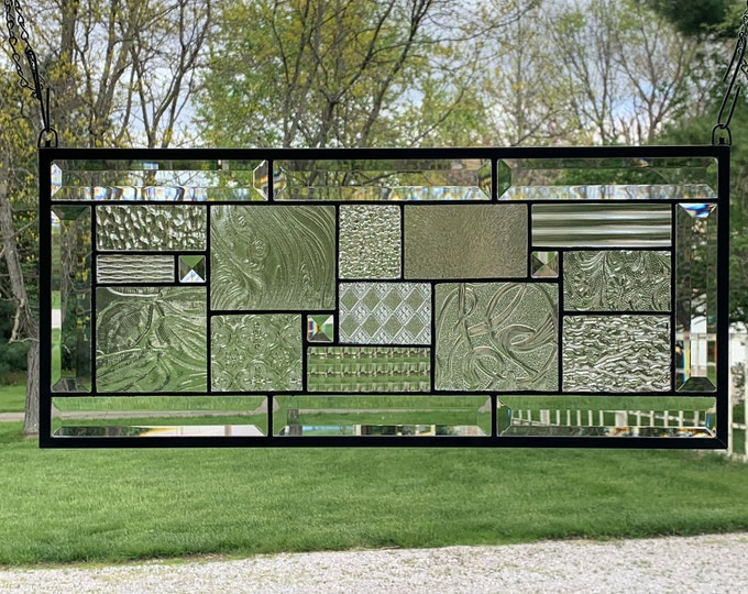 HoneyDewGlass Clear Geometric Stained Glass Panel with Bevels, 9 1/2" X 21 1/2"