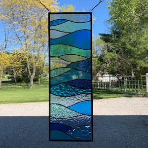 HoneyDewGlass Vertical Stained Glass Ocean Waves, 9.5" X 27.5"