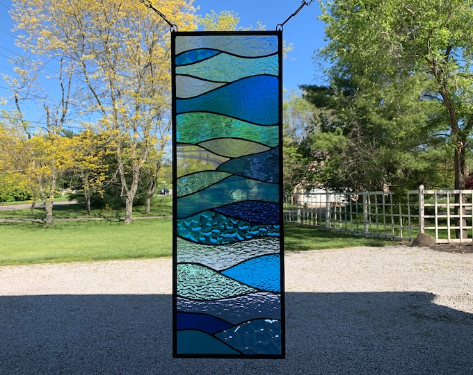 HoneyDewGlass Vertical Stained Glass Ocean Waves, 9.5" X 27.5"