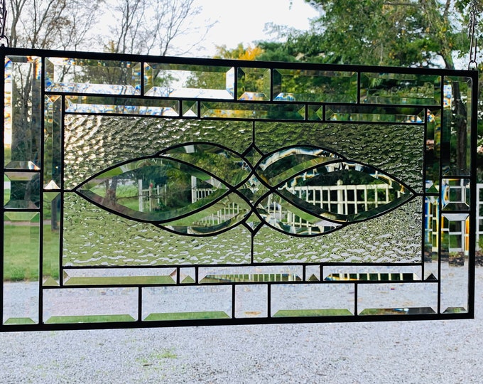 HoneyDewGlass Elegant Bevel Cluster Stained Glass Panel with Hammered Glass, 14.5" X 26.5"
