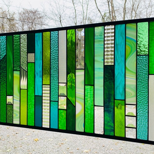 Honeydewglass Large Green Geometric Stained Glass Panel - Etsy