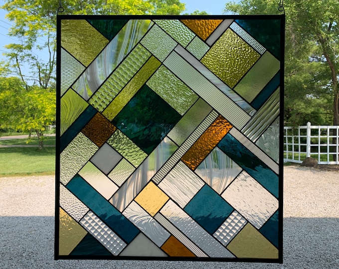 HoneyDewGlass Large Smokey Blue and Amber Diagonal Stained Glass Panel, 26.75” X 28.75”,