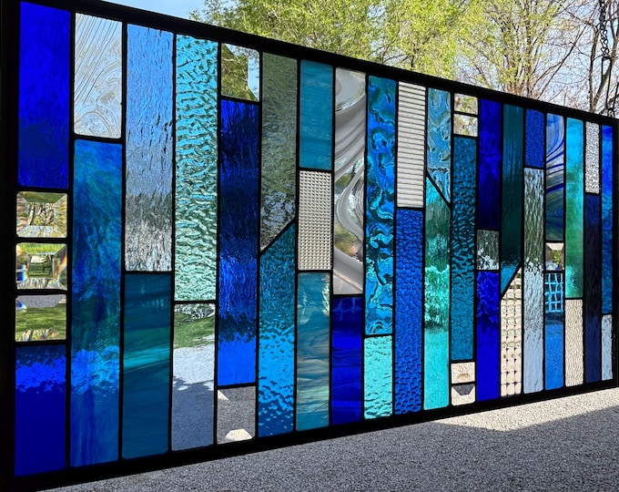 HoneyDewGlass Blue Strips Stained Glass Panel  14.75" X 28.5"