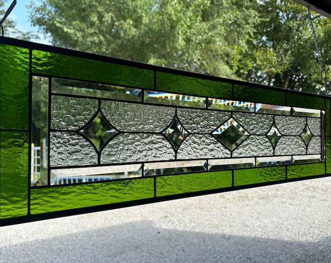 HoneyDewGlass Moss Green and Granite Stained Glass Panel, 9.5" X 35.5”