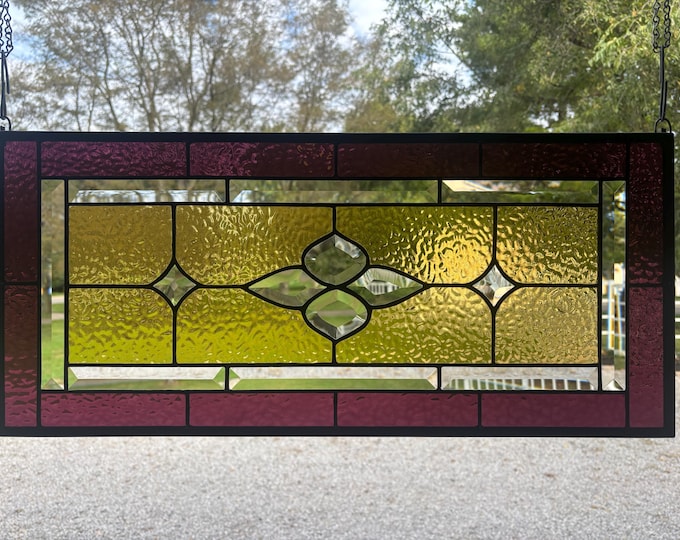 Dusty Plum & Regency Gold Stained Glass Window Panel with Bevels – Honey Dew Glass 11.5” x 25.5”