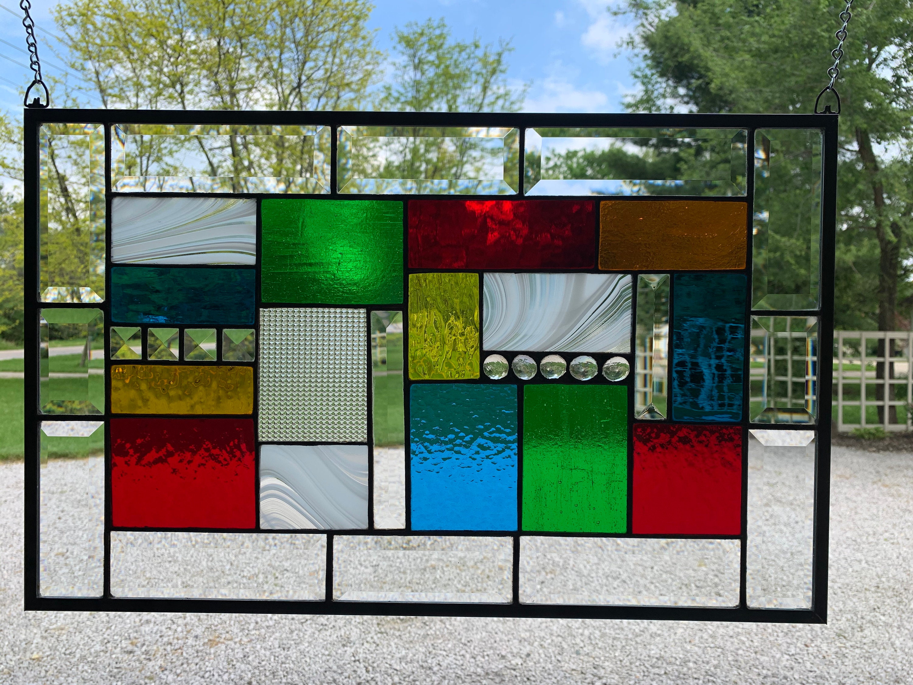 Honeydewglass Jewel Tone Stained Glass Panel With Bevels Etsy