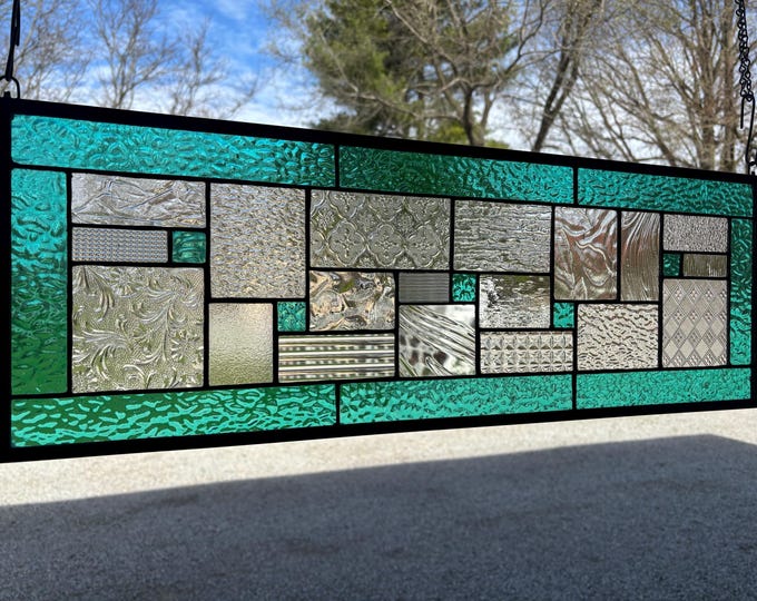 Aqua Mist Geometric Stained Glass Panel | Clear Textured Glass, English Muffle Border (9.5" X 27.5"