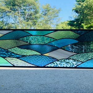 HoneyDewGlass Medium Stained Glass Ocean Waves, 9.5" X 27.5"