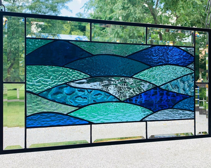HoneyDewGlass Stained Glass Ocean Waves with Bevel Border, 12.5" X 22.5"