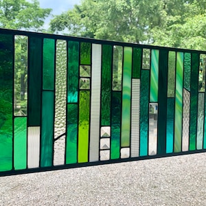 HoneyDewGlass Green Strips Stained Glass Panel, 10.5" X 23.5"