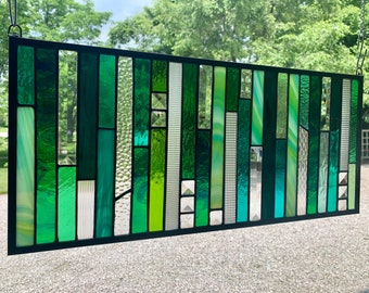 Green Stained Glass Window Panel | Beveled Textured Glass, Handmade | 10.5" X 23.5"