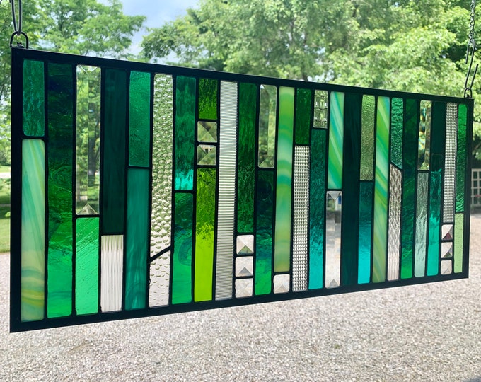 HoneyDewGlass Green Strips Stained Glass Panel, 10.5" X 23.5"