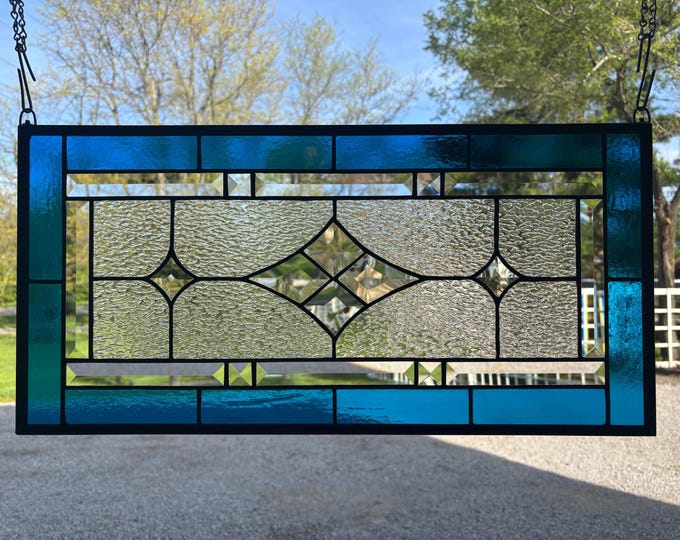 HoneyDewGlass Copper Blue Diamond Cluster Stained Glass Panel with Bevels, 11.5" X 23.5"