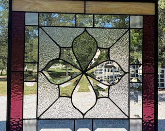 Dusty Plum Stained Glass Window Panel with Beveled Glass, Clear Textured Glass – Honey Dew Glass 16.5” x 16.5”