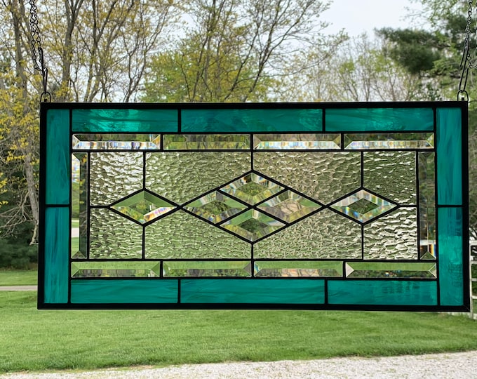 HoneyDewGlass Teal Diamond Stained Glass Panel, 11.5" X 23.5"