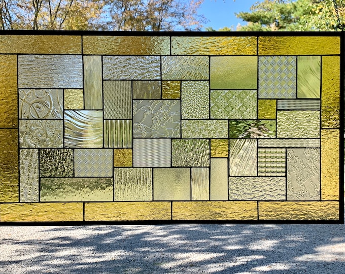HoneyDewGlass Large Gold Geometric Stained Glass Panel, 20" X 36"