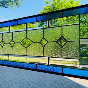 HoneyDewGlass Large Medium Blue and Granite Stained Glass Panel , 14.75" X 35.75"