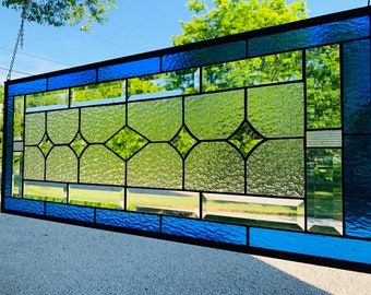 Blue Beveled Stained Glass Window Panel | Handmade Home Decor (14.75" X 35.75")
