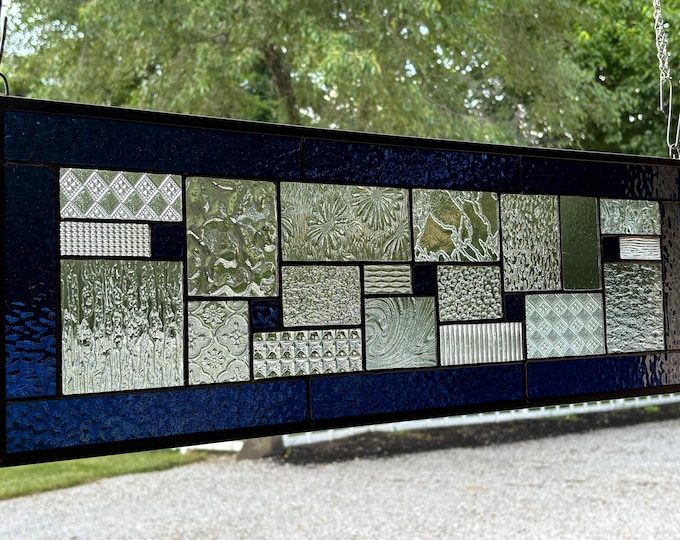 HoneyDewGlass Dark Navy Geometric Stained Glass Panel