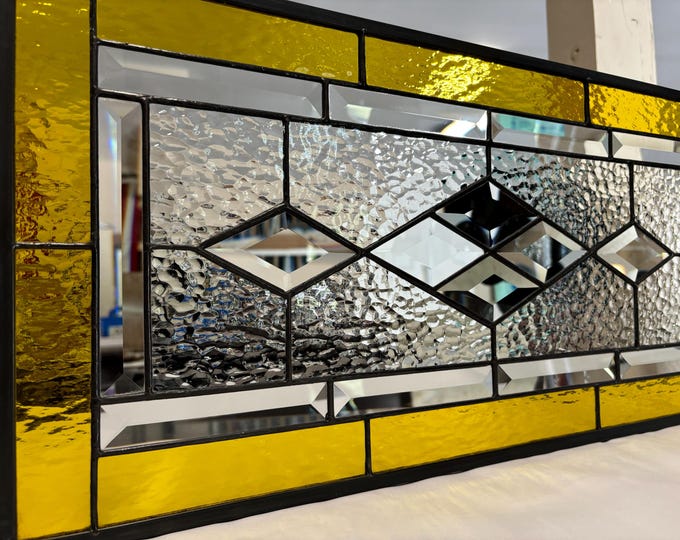 HoneyDewGlass Lemon Yellow Diamond Stained Glass Panel, 11.5" X 23.5"