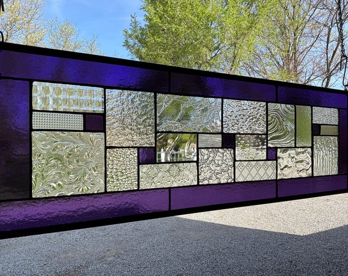 HoneyDewGlass Purple Geometric Stained Glass Panel, 9.5" X 27.5"