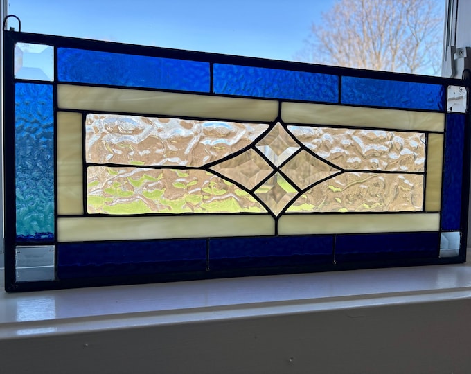 Dark Blue Beveled Glass Panel | 9.5" x 21.5" | Handmade Stained Glass Window | Honey Dew Glass | Tiffany Copper Foil